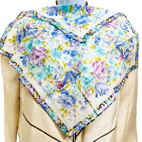 New Pierre Cardin  MiniScarf/Handkerchief Cotton 18" , White Purple Floral (82) - Picture 1 of 5